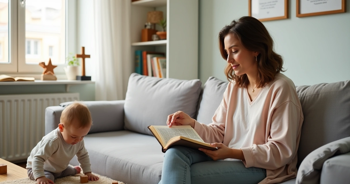 Mãe cristã lendo a Bíblia enquanto cuida do filho pequeno na sala de casa 