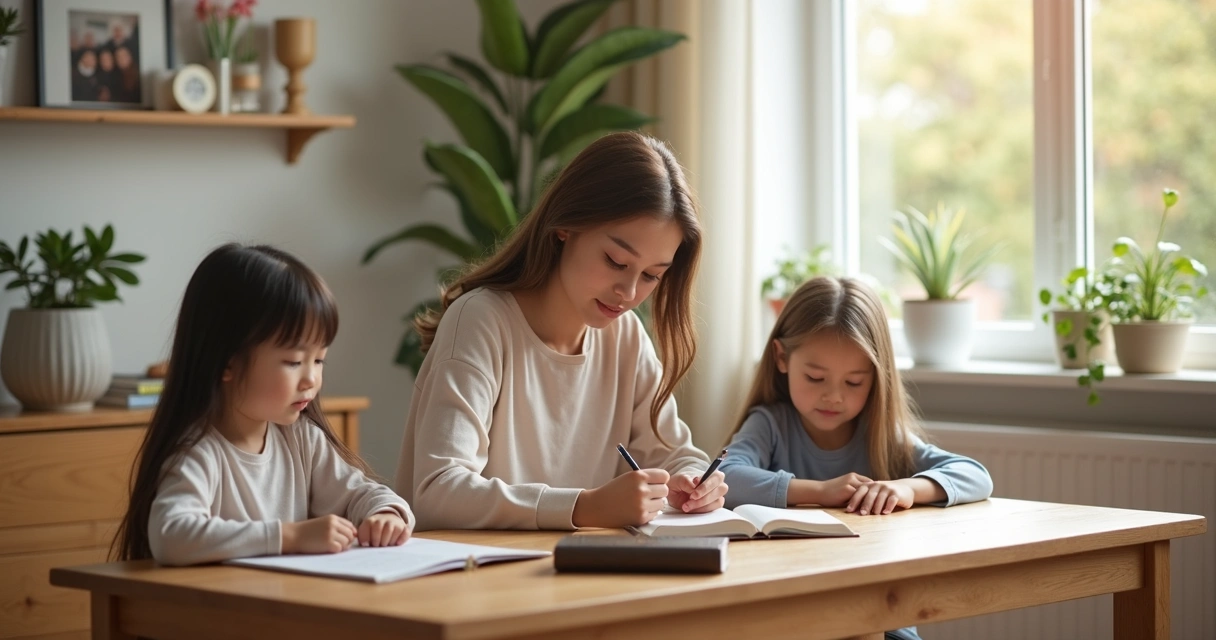 Mulher cristã estudando com seus filhos em ambiente organizado e acolhedor 