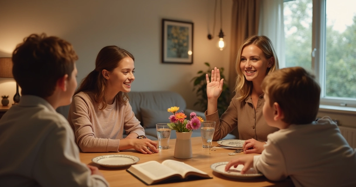 Mãe conduz conversa tranquila com filhos ao redor da mesa de jantar 