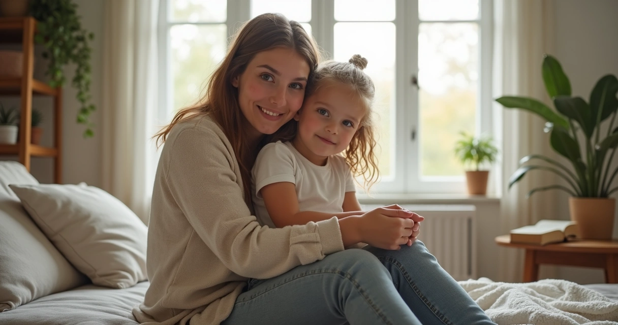 Mãe cristã solo sorrindo, abraçando a filha pequena em um cenário doméstico acolhedor com luz suave 