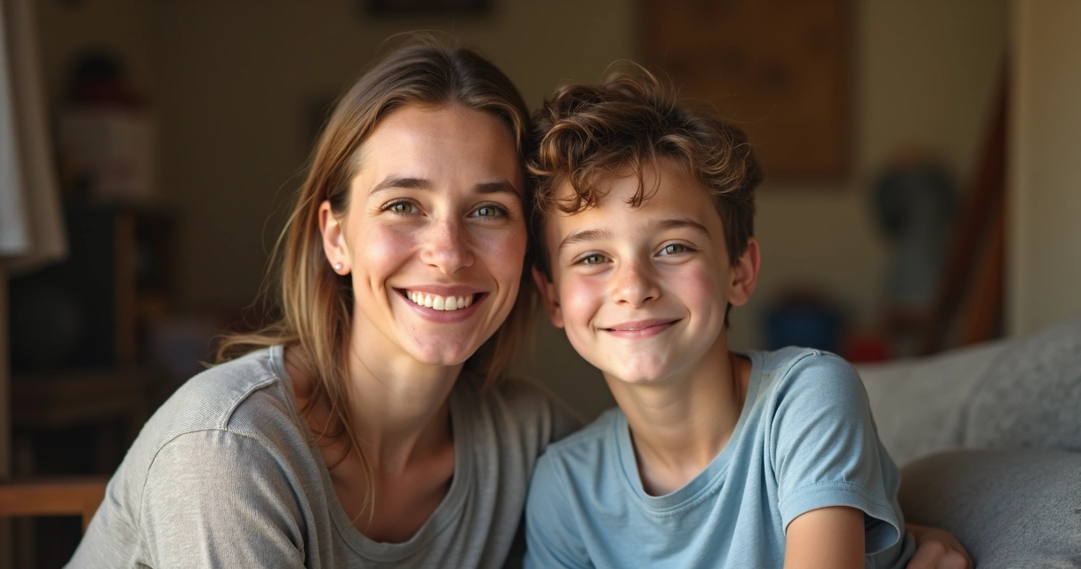 Mãe ao lado do filho com deficiência intelectual, ambos sorrindo em casa