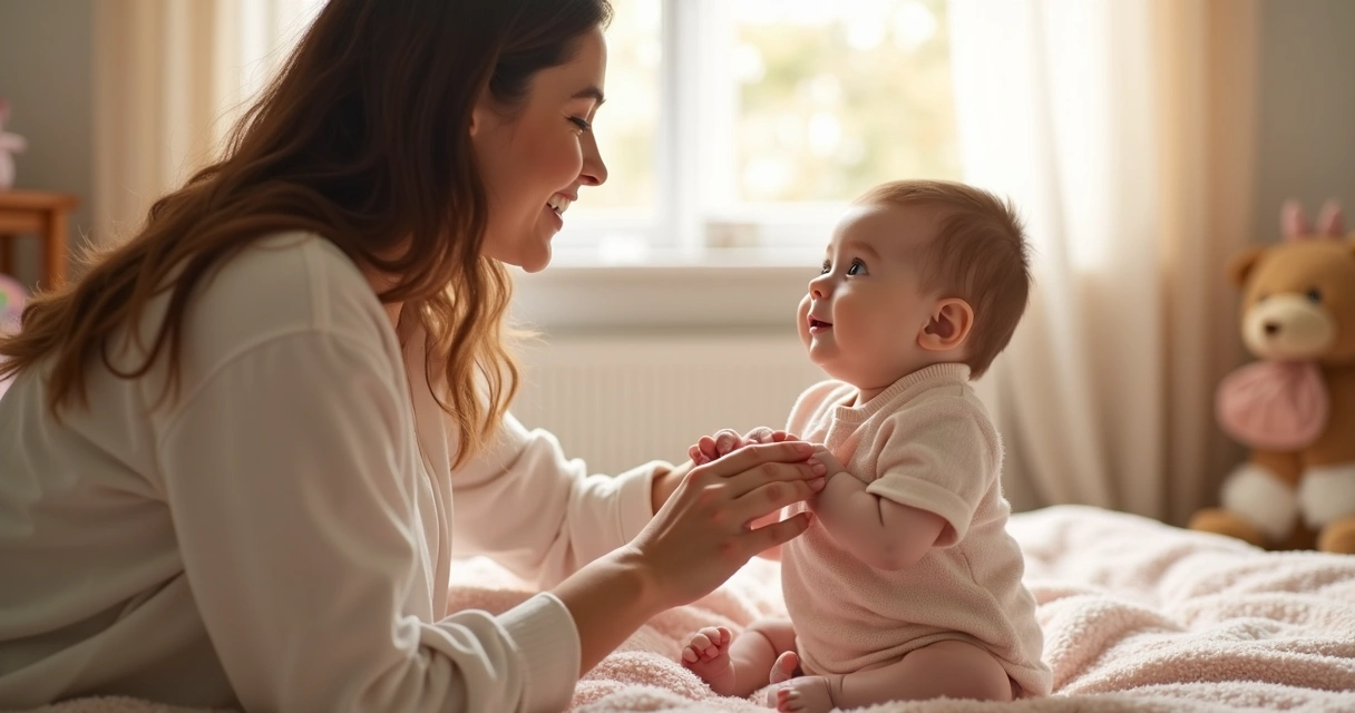 Mãe penteando cabelo de bebê em ambiente claro e delicado.