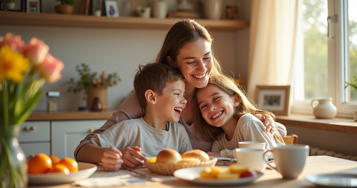 Mãe abraçando filhos pequenos sentados à mesa com café da manhã e flores 