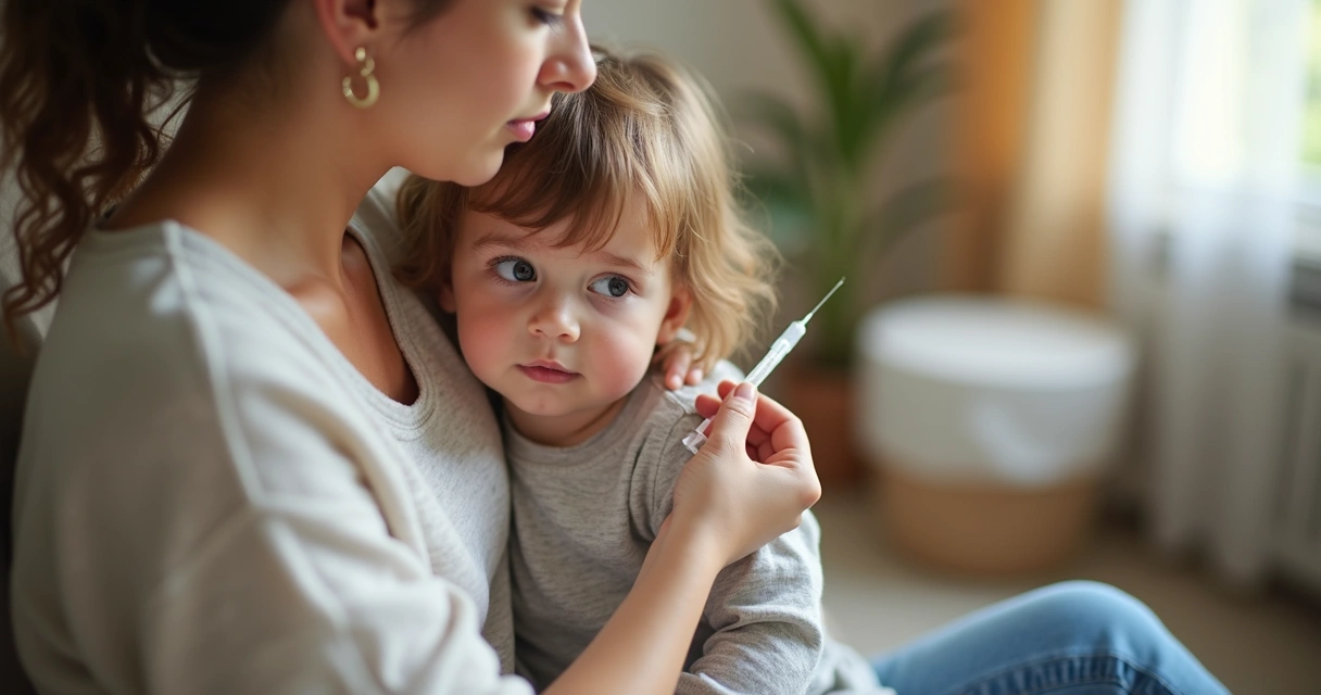 Mãe dá medicamento com seringa para criança pequena no colo 