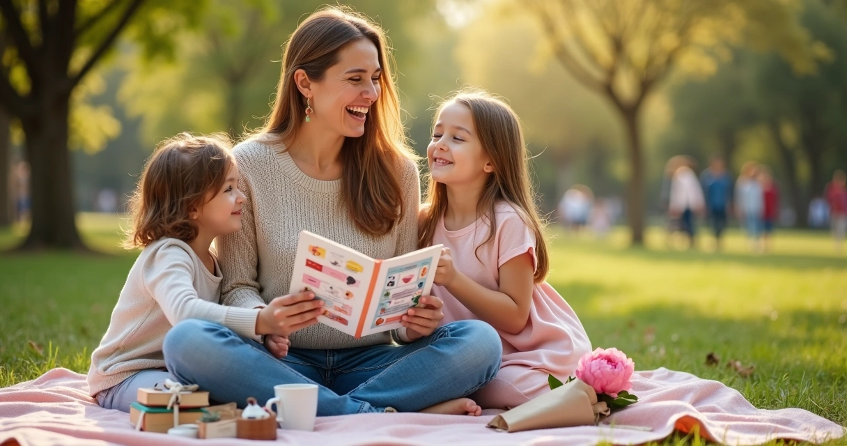 Mãe sorrindo ao ar livre recebendo vale-presente de experiências dos filhos 