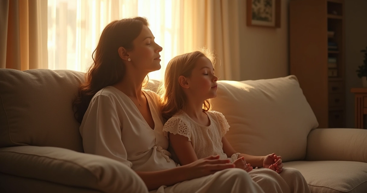 Mãe e filha de mãos dadas orando na sala de estar 