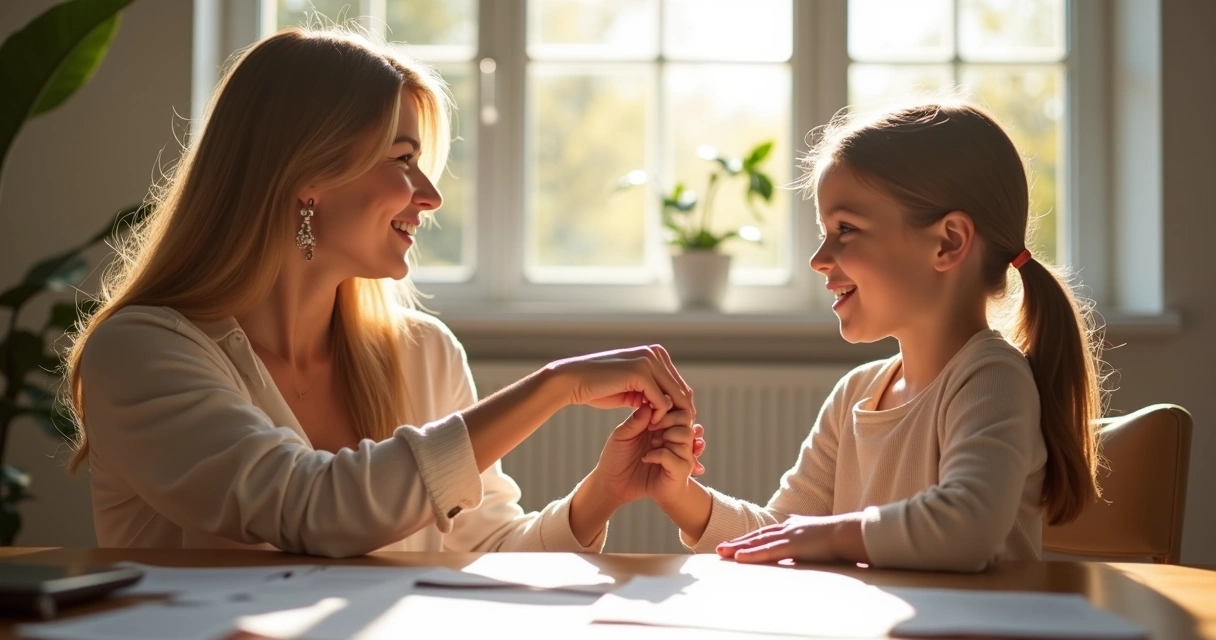 Mãe e filha de mãos dadas sorrindo após divórcio