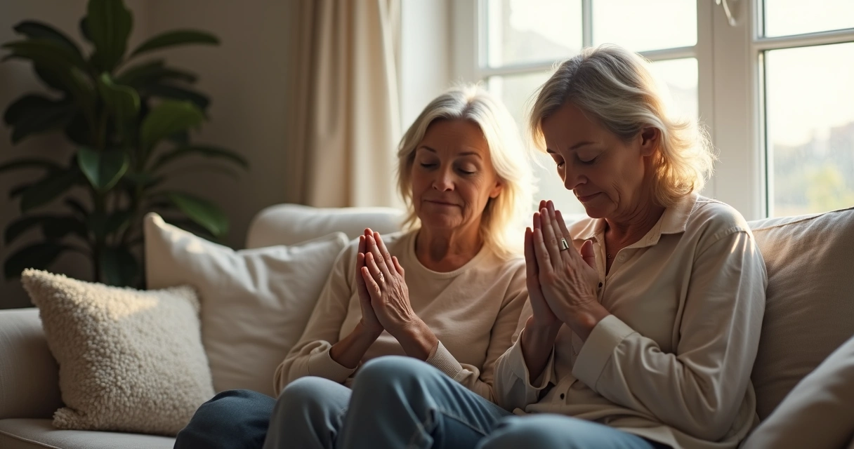 Mãe e filha orando sentadas em uma sala acolhedora