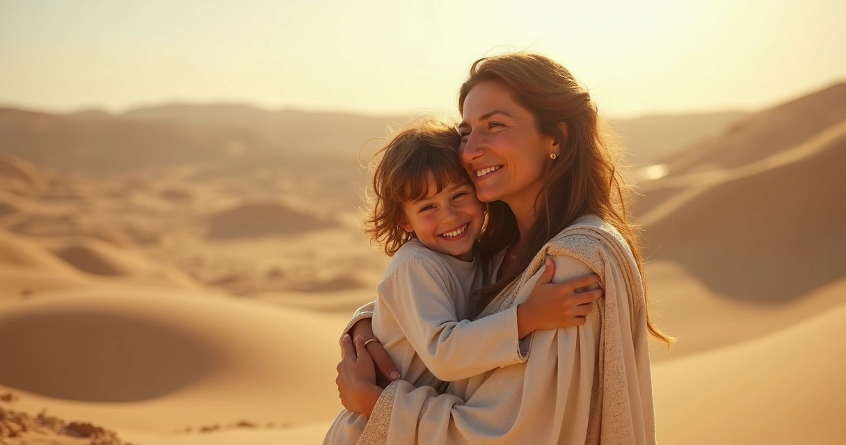 Mulher abraçando criança em ambiente desértico bíblico, roupas leves, expressão de alegria
