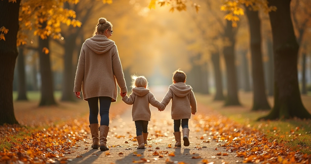 Mãe e filho caminhando juntos em um parque de outono, conectados