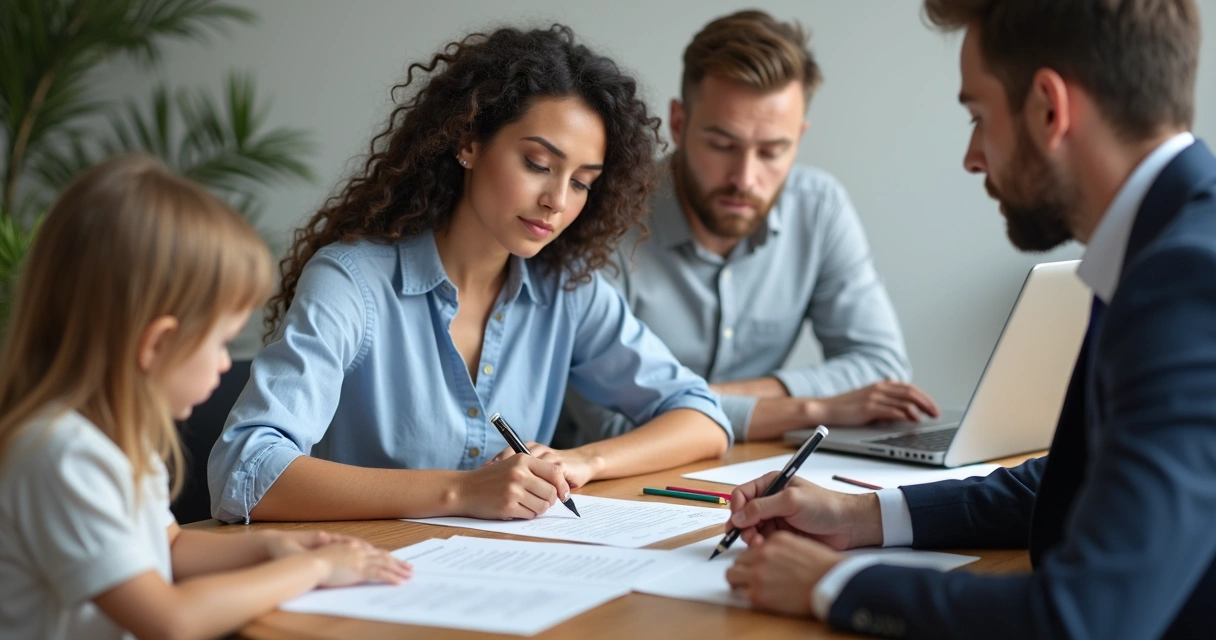 Pais assinando acordo de guarda compartilhada com advogado