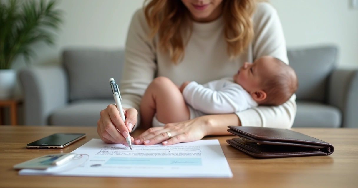 Mãe com recém-nascido organizando documentos e carteira 