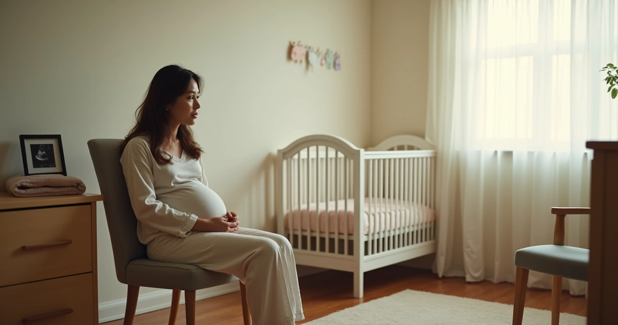 Mãe sentada em quarto de bebê vazio mostrando tristeza e silêncio 