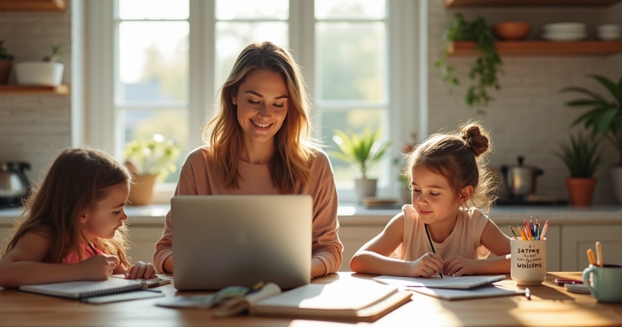 Mãe empreendedora sentada à mesa usando notebook, com filhos desenhando ao lado. 