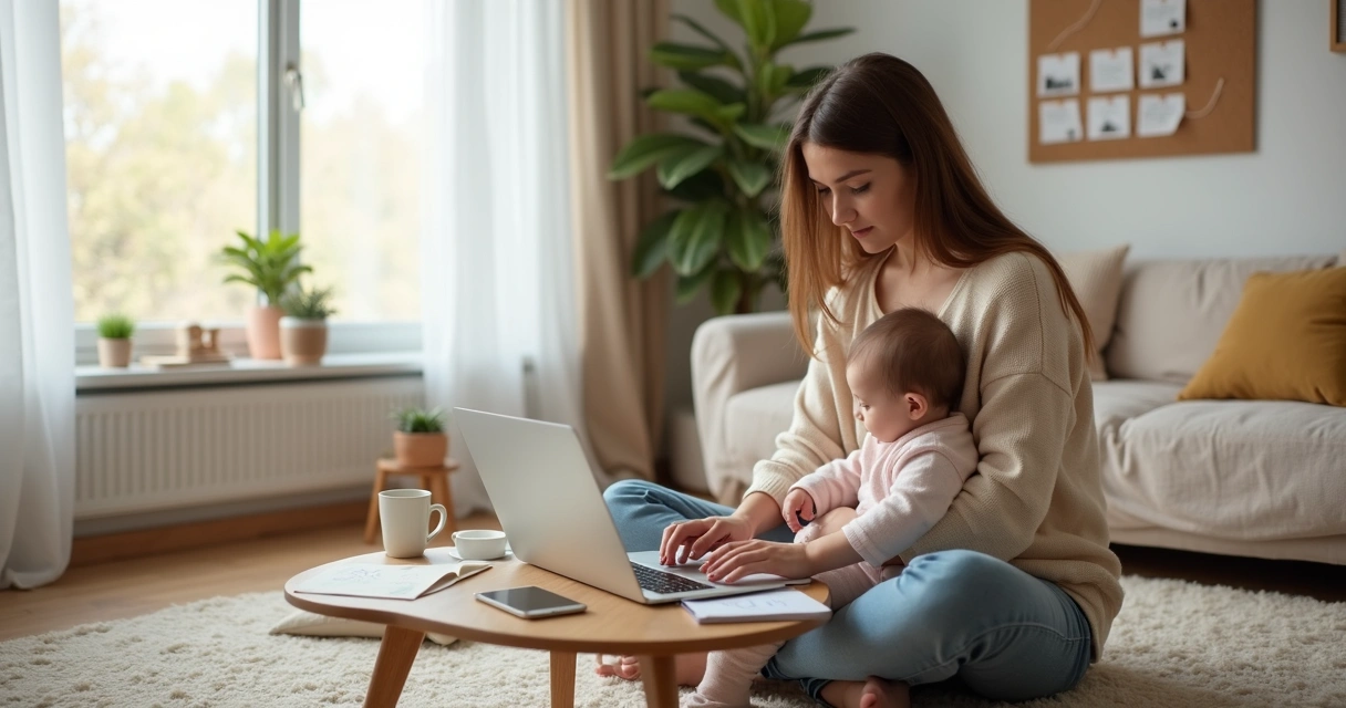 Mãe empreendedora trabalhando no home office com bebê no colo 