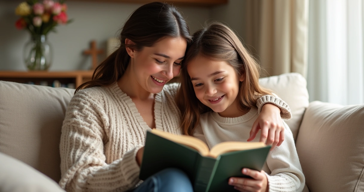Mãe sentada com filha no sofá lendo a Bíblia juntas 