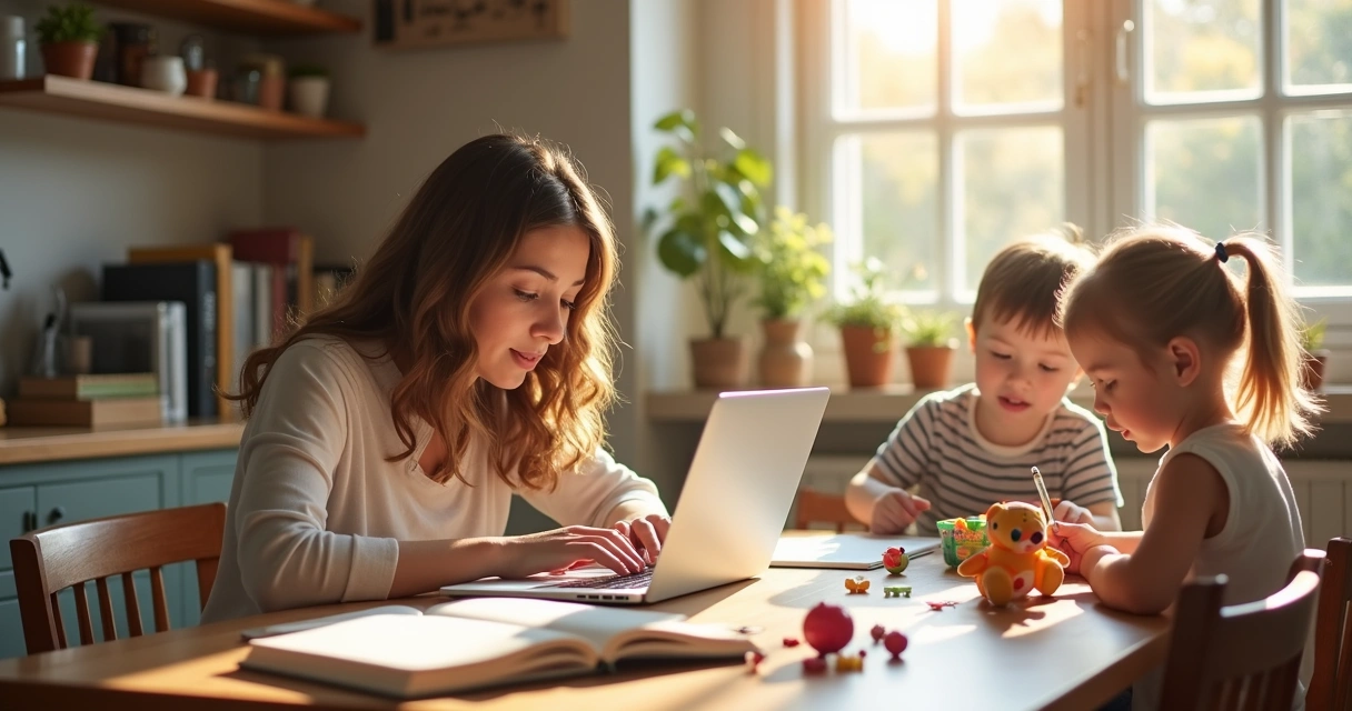 Mãe estudando em casa no computador com filhos brincando ao fundo 