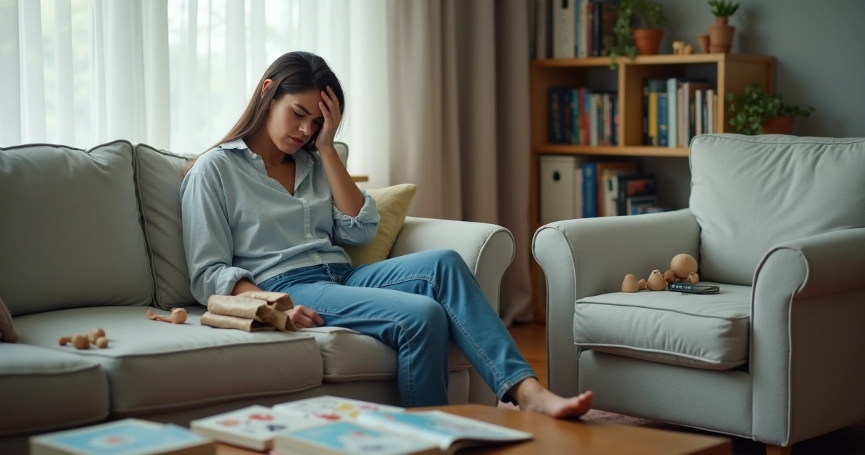 Pessoa sentada no sofá com expressão de exaustão enquanto brinquedos estão espalhados 