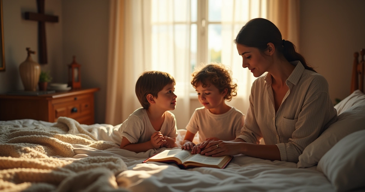 Mãe e crianças orando em casa com expressão de esperança