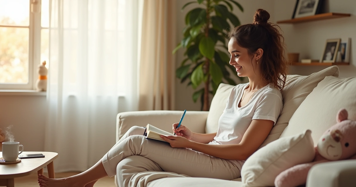Mãe sentada no sofá sorrindo enquanto anota algo em um caderno ao lado de brinquedos infantis 
