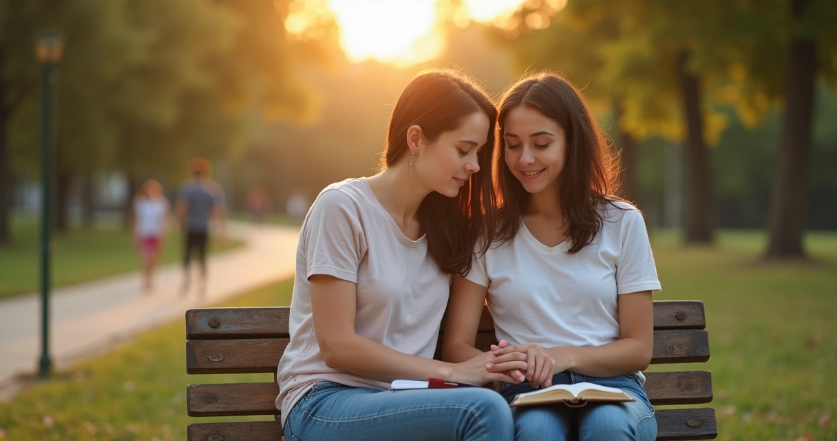 Mãe conversa com filha adolescente sentadas em banco de parque ao entardecer 