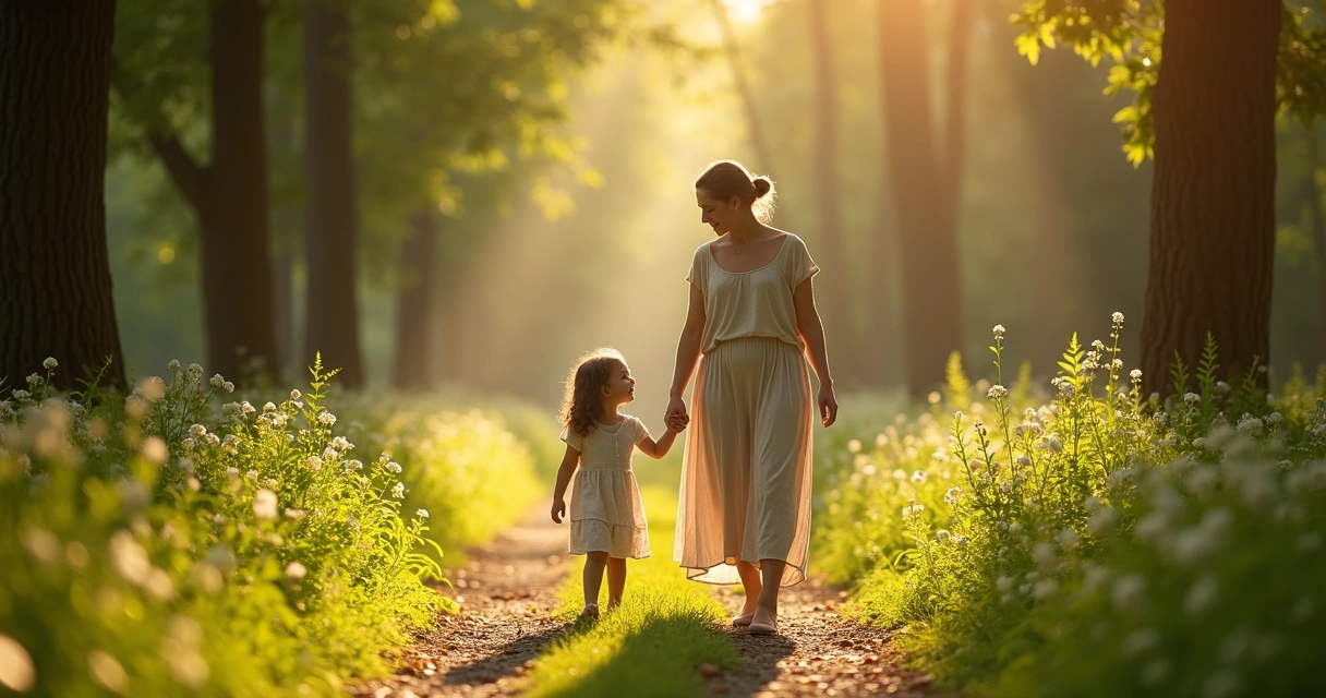 Mãe e filha caminhando juntas em uma floresta, de mãos dadas, transmitindo cuidado e conexão 
