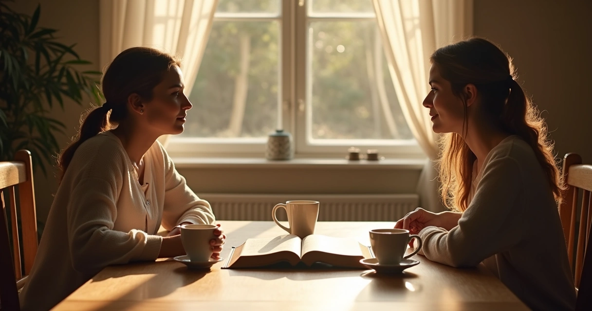 Mãe e filha lendo Bíblia e tomando café 