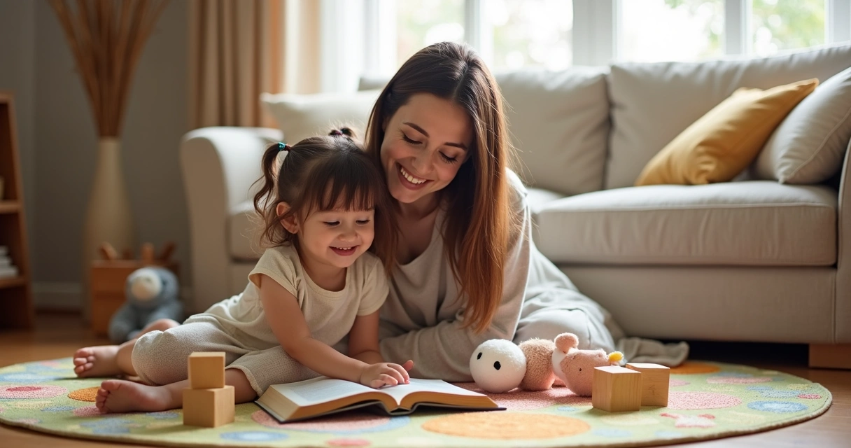 Mãe e filha brincando com brinquedos e uma Bíblia em cima de um tapete colorido 