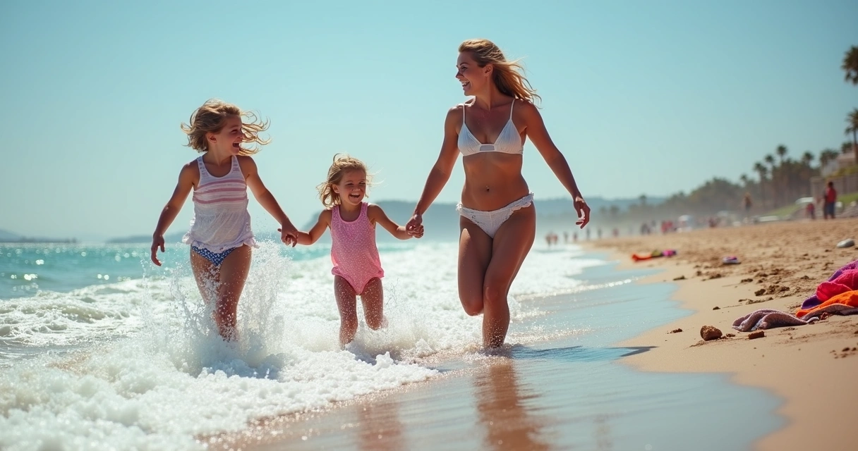 Mãe e filhas brincando em ondas na praia, sorrindo 