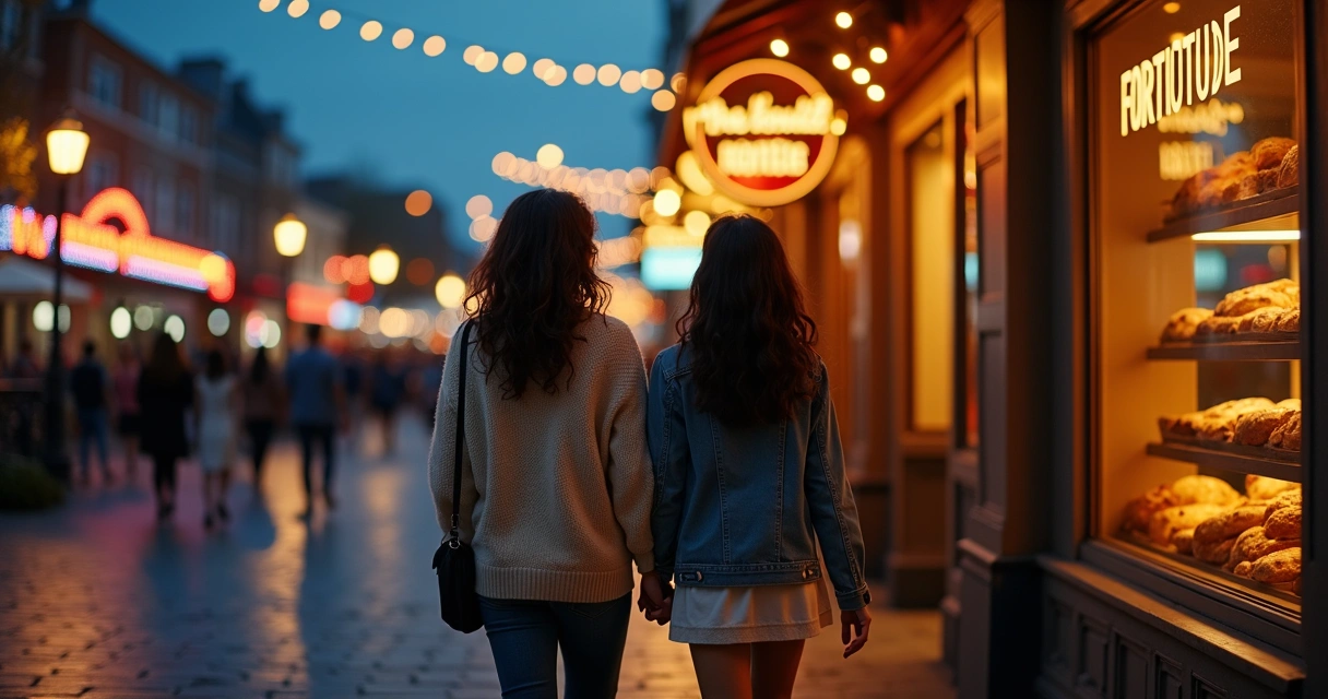 Mãe de meia-idade e filha adulta caminhando de braços dados em rua iluminada à noite 