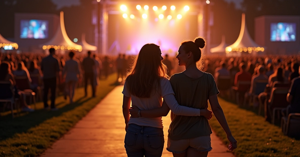 Mãe e filha caminhando de braços dados em um show noturno 