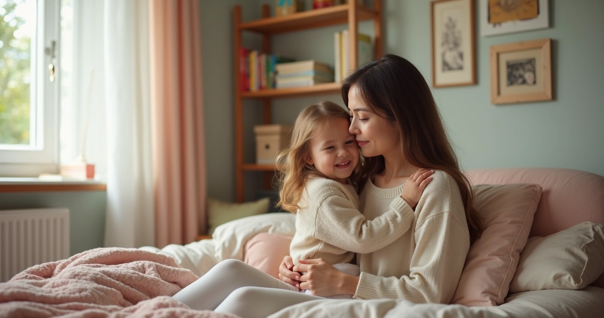 Mãe segura filha pequena no colo em um quarto aconchegante 