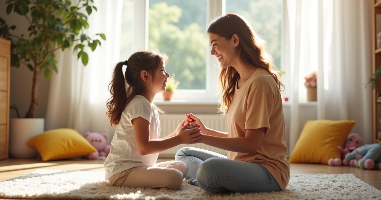 Mãe e filha sentadas no tapete da sala rindo enquanto recitam um mantra juntas 