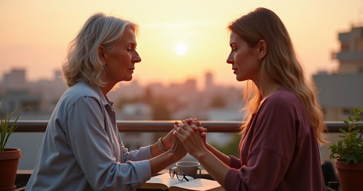 Mãe e filha adultas de mãos dadas orando de frente em varanda ao pôr do sol 