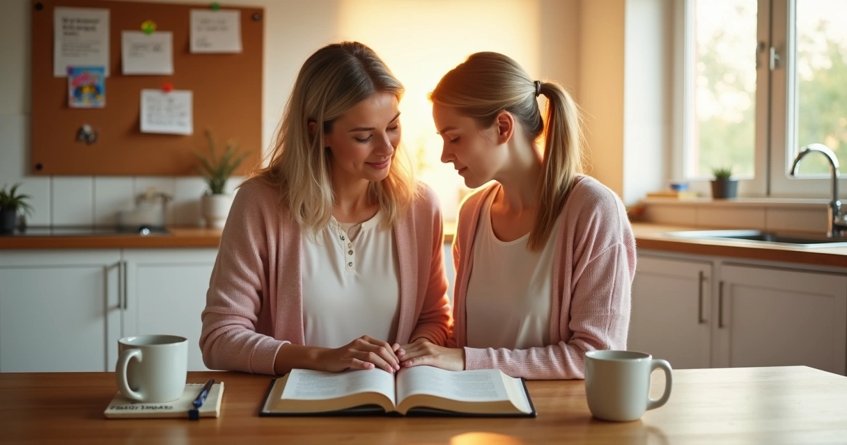 Mãe e filha adulta orando juntas em pé na cozinha junto à mesa com Bíblia aberta 