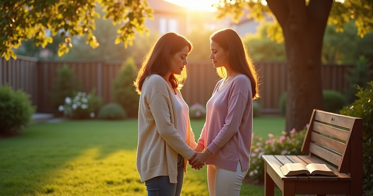 Mãe e filha adultas orando juntas em jardim ao pôr do sol 