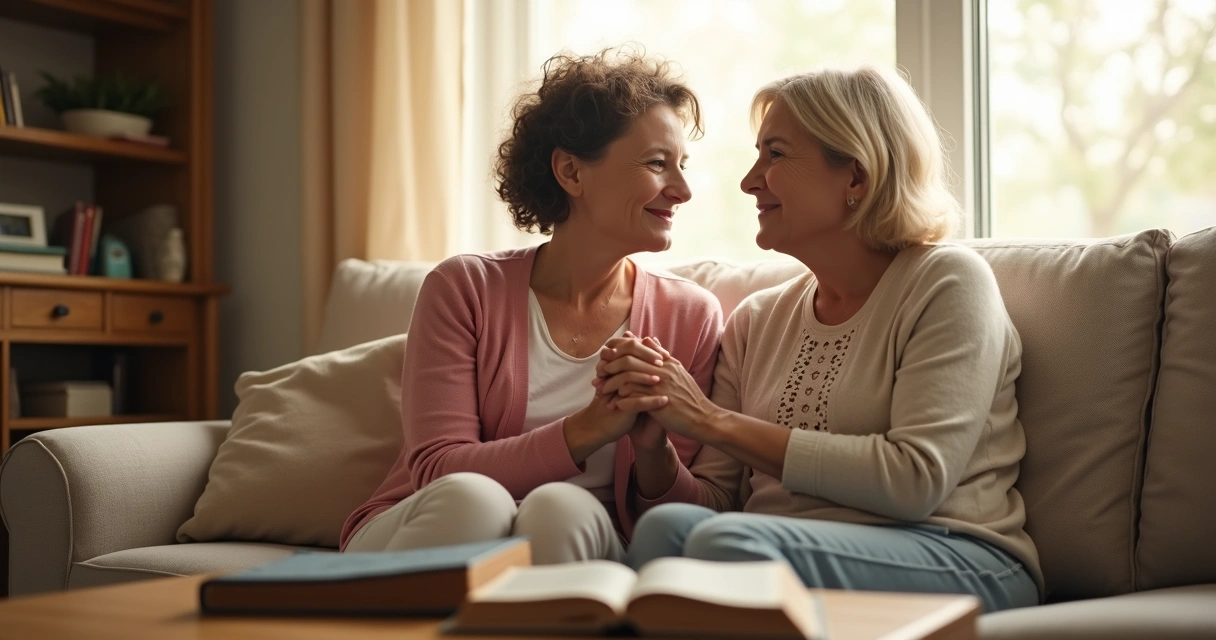 Mãe e filha em oração sentadas em sofá com mãos dadas 