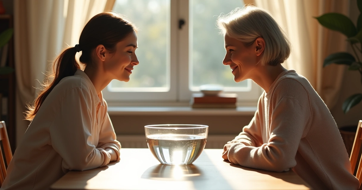 Mãe e filha se olhando com reflexo na água entre elas 