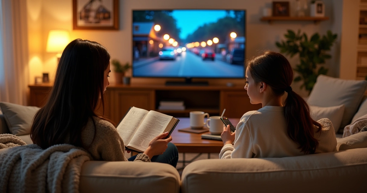 Mãe e filha no sofá contrastando assistir série e ler a Bíblia 