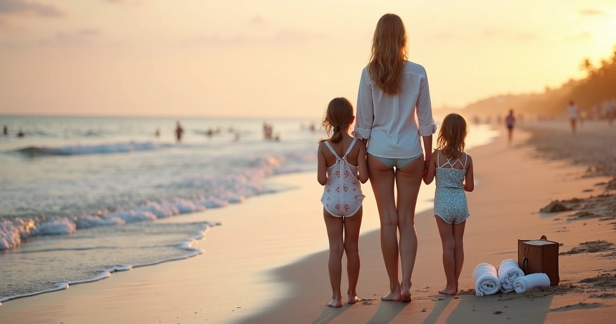 Mãe abraçada com duas filhas na praia com maiôs coloridos olhando o mar ao pôr do sol 