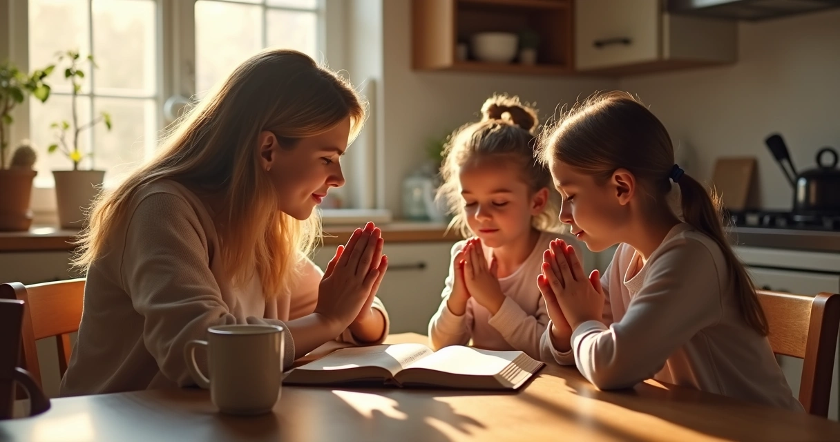Mãe e filhas orando, criando laços espirituais 