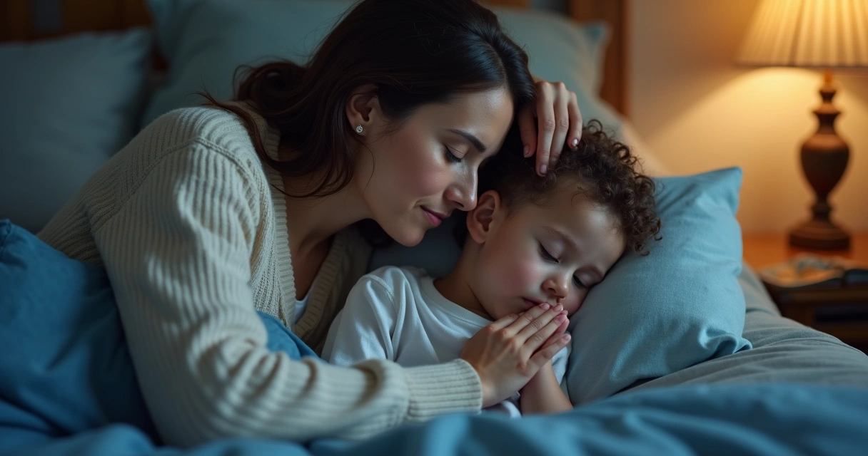 Mãe orando e abençoando o filho dormindo na cama 