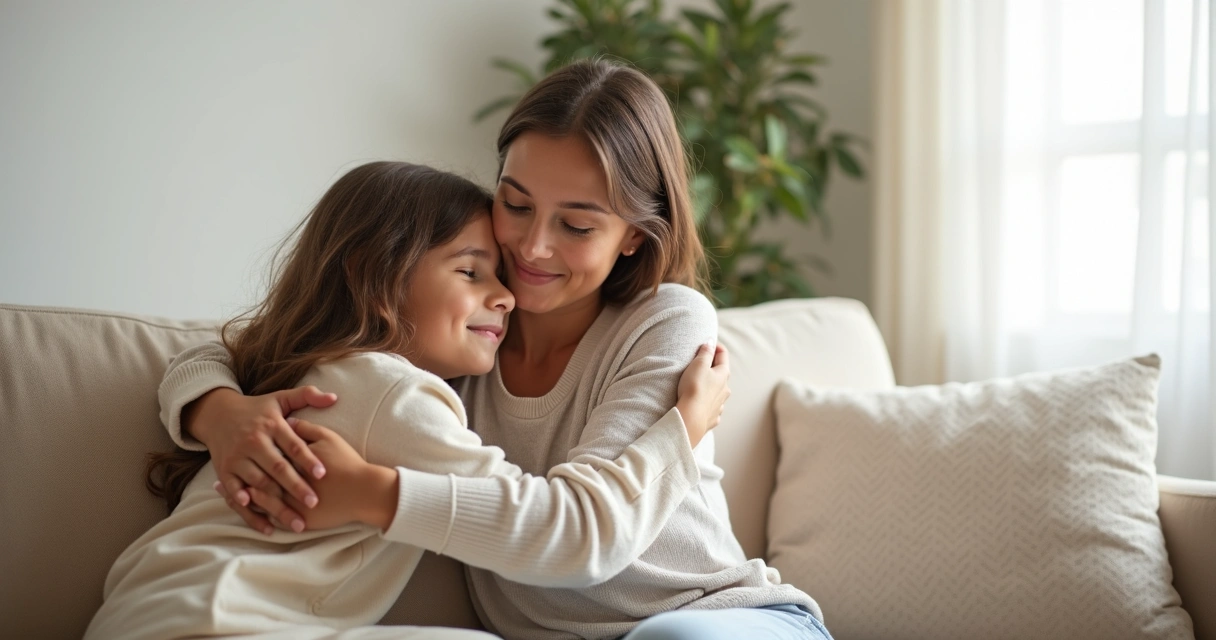 Mãe e filha trocando um abraço suave, sentadas em um ambiente doméstico confortável 