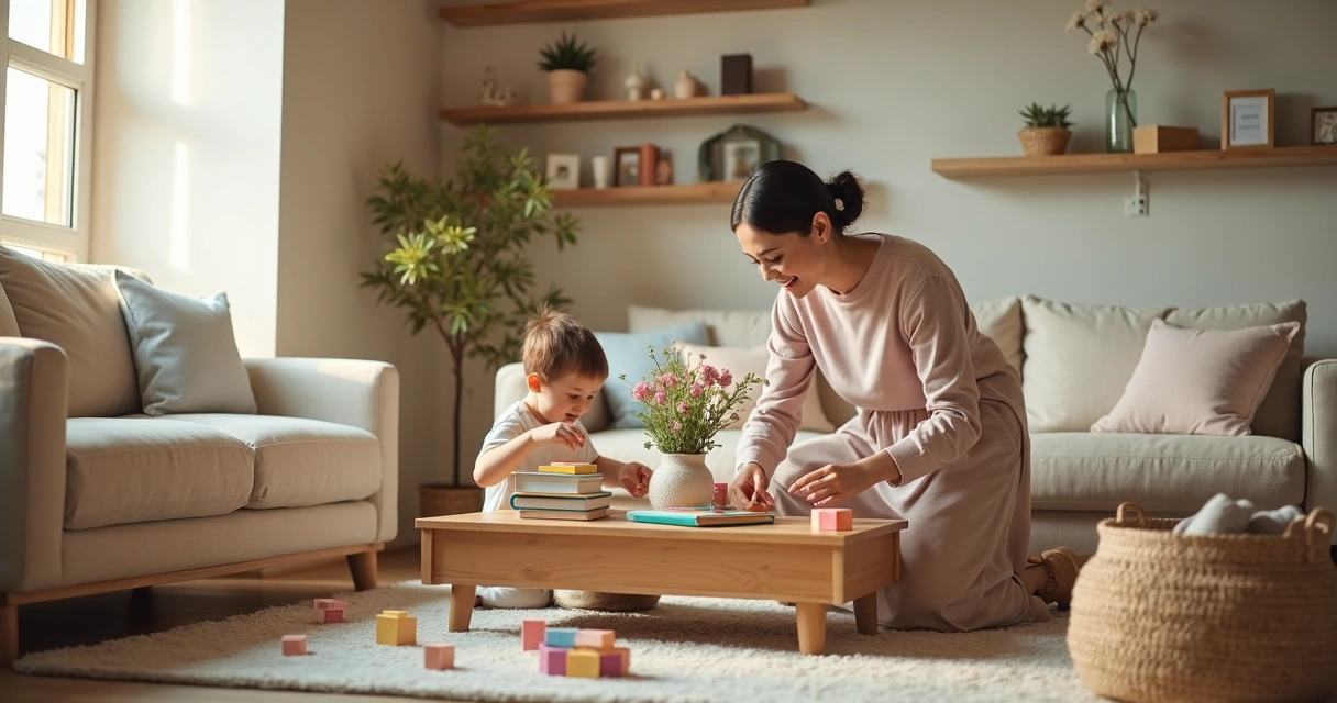 Mãe e filho organizando a sala juntos de forma alegre 