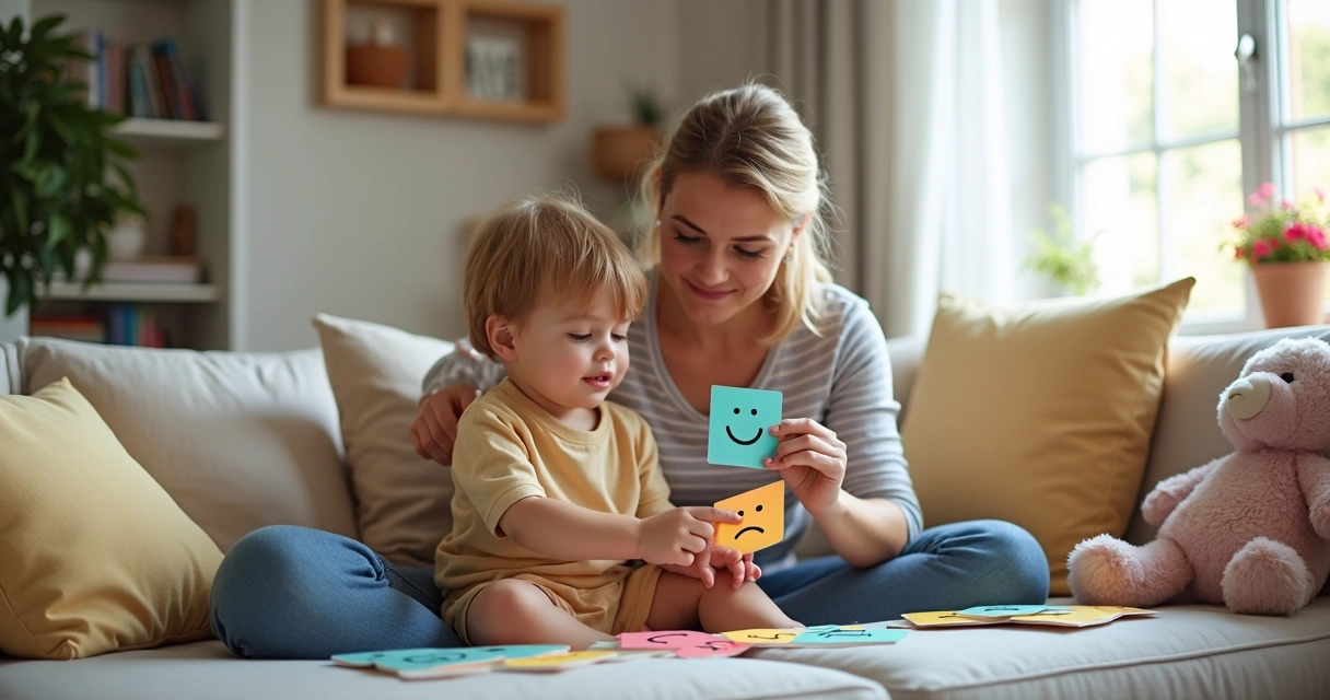 Mãe e filho brincando com cartas de emoções sentados no sofá 