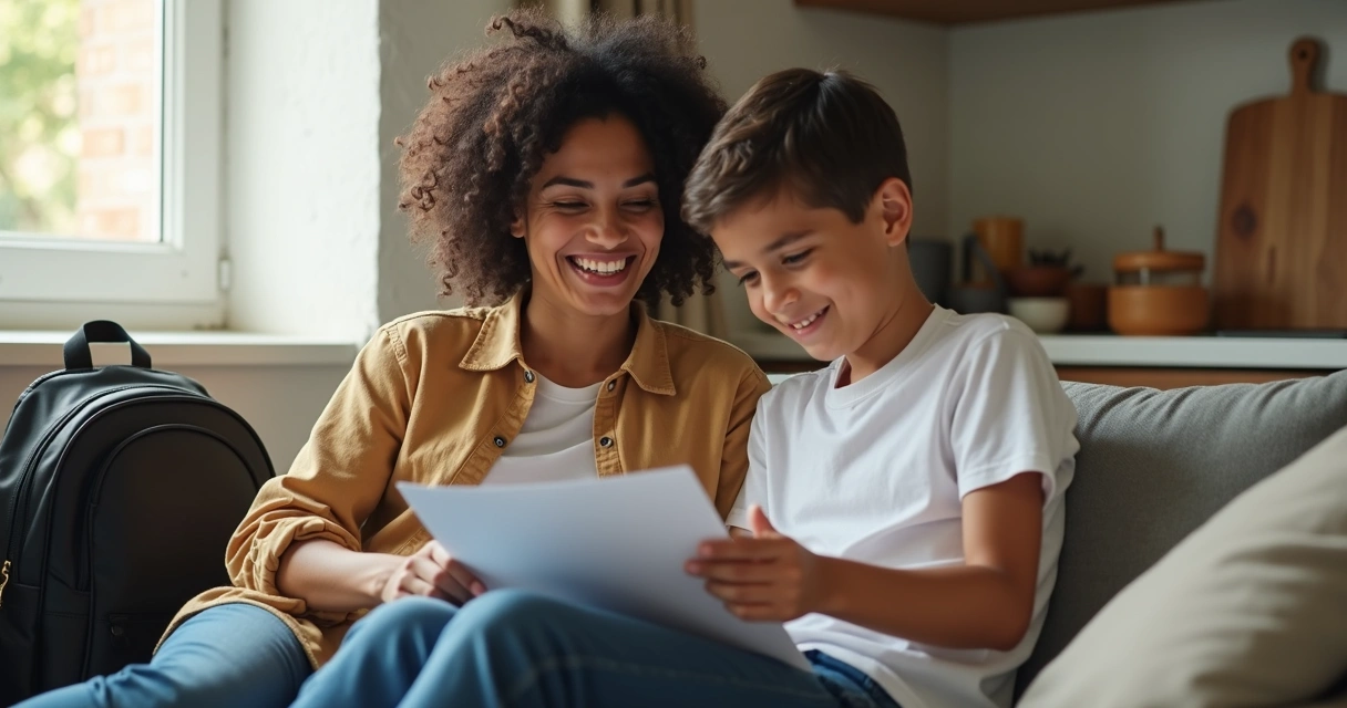 Mãe e filho sorrindo juntos sentados no sofá 