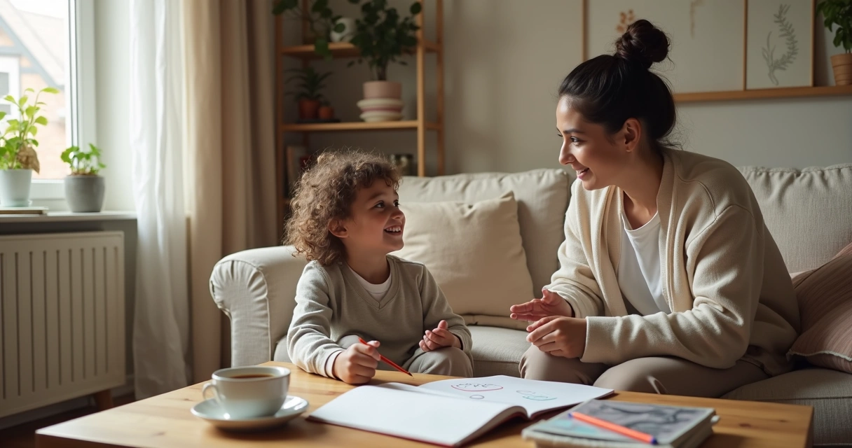 Mãe e criança conversando no sofá com caderno de emoções