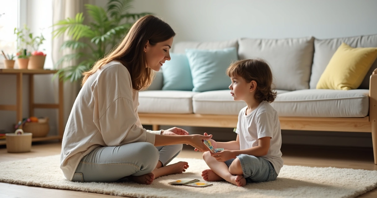 Mãe conversando com filho pequeno sentados no tapete da sala 
