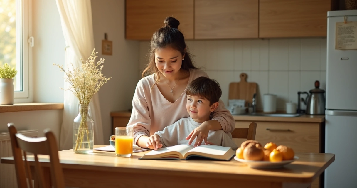 Mãe e filho na cozinha iluminada pela manhã lendo a Bíblia abertos sobre a mesa 
