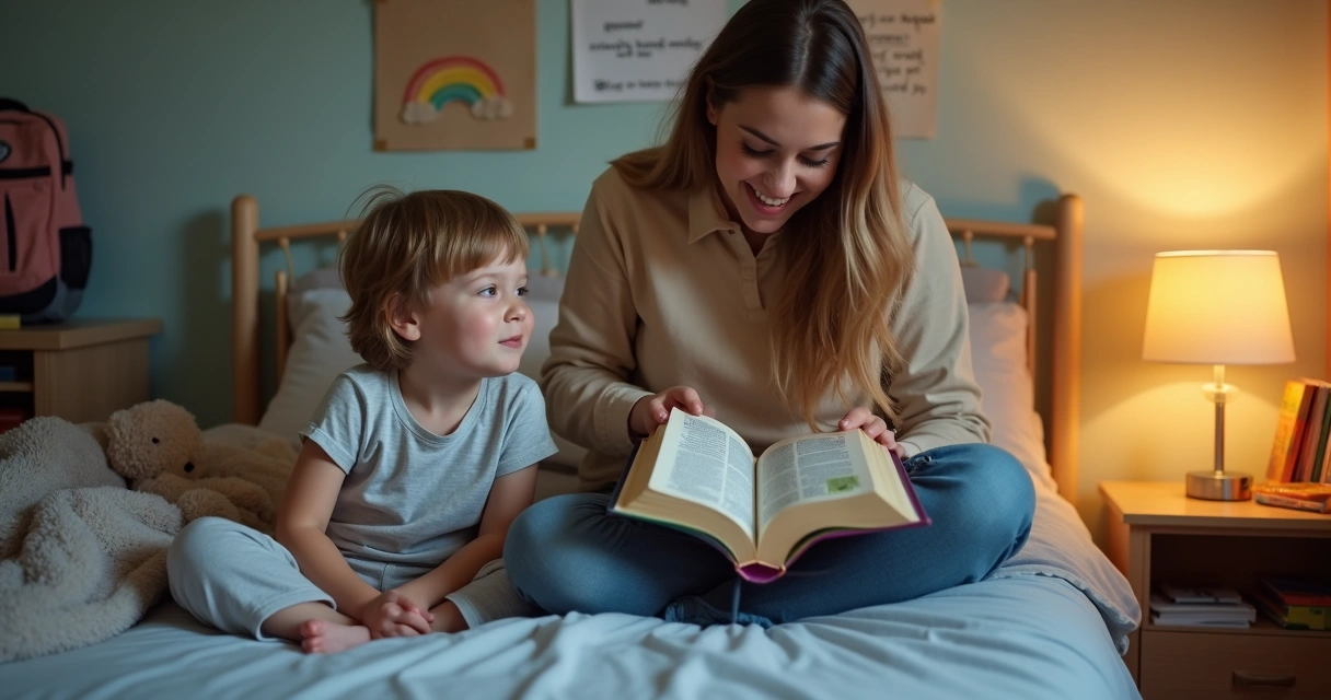 Mãe cristã lê a Bíblia com filho em quarto infantil à noite 